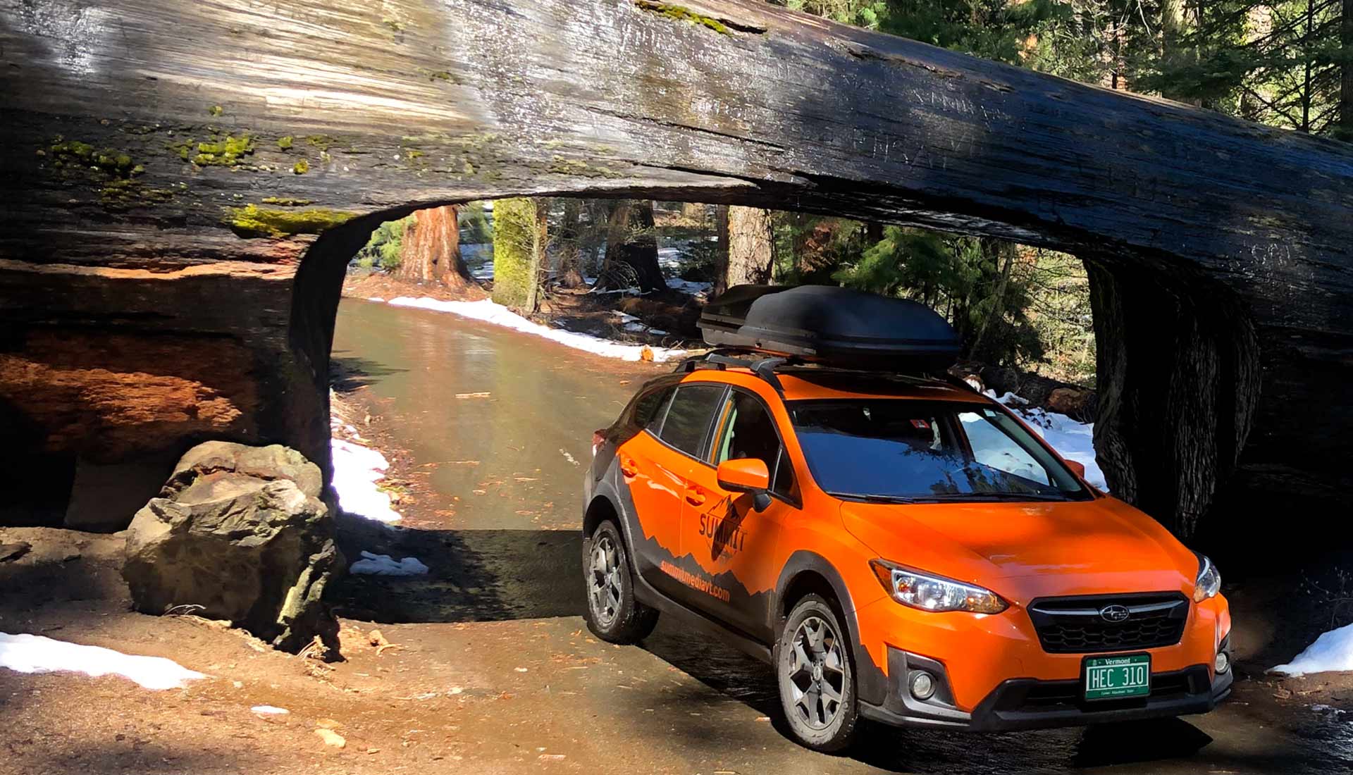Summit Media Subaru Drives through the Tunnel Log at Sequoia National Park
